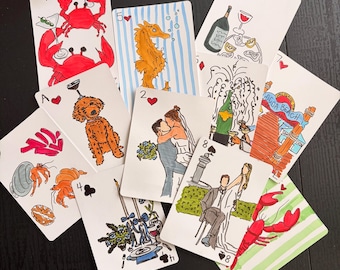Carte da poker disegnate a mano, illustrazione, mazzo di carte personalizzato, regalo di nozze, mazzo da poker, regalo disegnato a mano, giochi, gioco personalizzato, gioco di carte