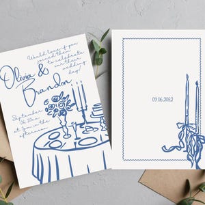 May include: A blue and white wedding invitation with a hand-drawn illustration of a table setting with candles, flowers, and plates. The text on the invitation reads "Would love if you joined them to celebrate our their wedding day! Olivia & Brandon September 06, 20xx at pm in the afternoon".