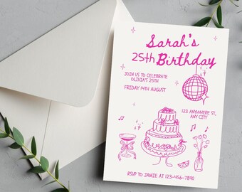 Birthday Dinner Party Invite, Birthday Dinner Invitation, 25th Birthday, 30th, 21st, Whimsical Birthday Invite, Hand Drawn Dinner Invite