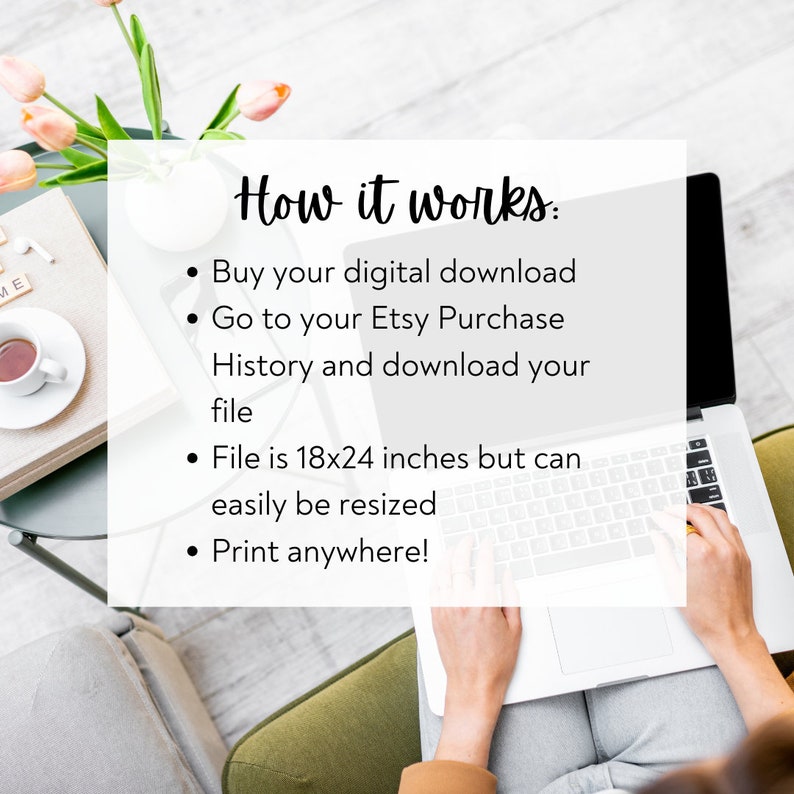 May include: A white laptop with a text overlay that reads "How it works:"  The text lists the steps to download a digital file: buy the download, go to your Etsy purchase history, and download the file. The file is 18x24 inches but can be resized and printed anywhere.