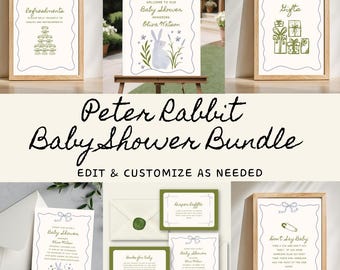 Paquete de baby shower de Peter Rabbit, ya casi llega un conejito, baby shower de conejito, invitación de baby shower de conejo, paquete de baby shower de jardín, Canva