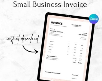May include: A digital invoice template displayed on a tablet screen with a pink and white background. The invoice is addressed to Marceline Anderson and the total due is £12345. The invoice includes a list of items and their prices, along with a payment method and a thank you message.