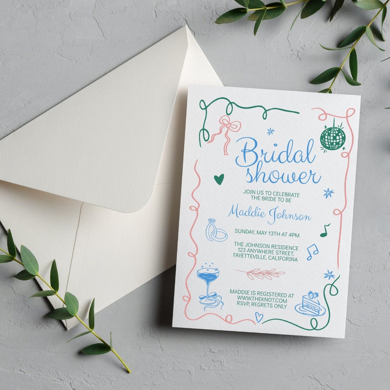 May include: A pink and green illustrated bridal shower invitation with the text "Bridal Shower" and "Maddie Johnson". The invitation includes details about the event, including the date, time, and location. It also includes the text "RSVP, Regrets Only".