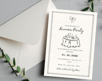 Dinner Party Invitation, Birthday Dinner Invite, Rehearsal Dinner Invite, Doodle Illustrated Invitation, Hand Drawn Invite, Canva Template