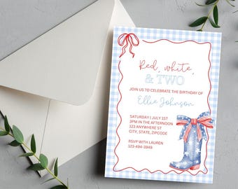 Red White & Two 2nd Birthday Invitation: 4th of July Canva Template