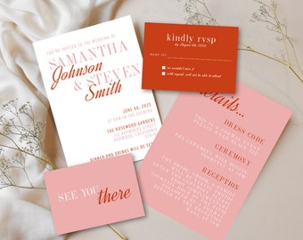 May include: Wedding invitation suite in a red and pink colour scheme. The invitation features the names Samantha Johnson and Steven Smith, the date June 06, 2025, and the location The Rosewood Gardens. The RSVP card has a red background and the text "kindly RSVP by August 08, 2024". The details card has a pink background and includes information about the dress code, ceremony, and reception.