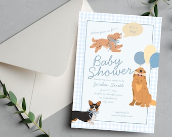May include: A baby shower invitation with a blue gingham border features illustrations of dogs, balloons, and the text "Baby Shower." The invitation includes the text "It's a boy!" and event details.
