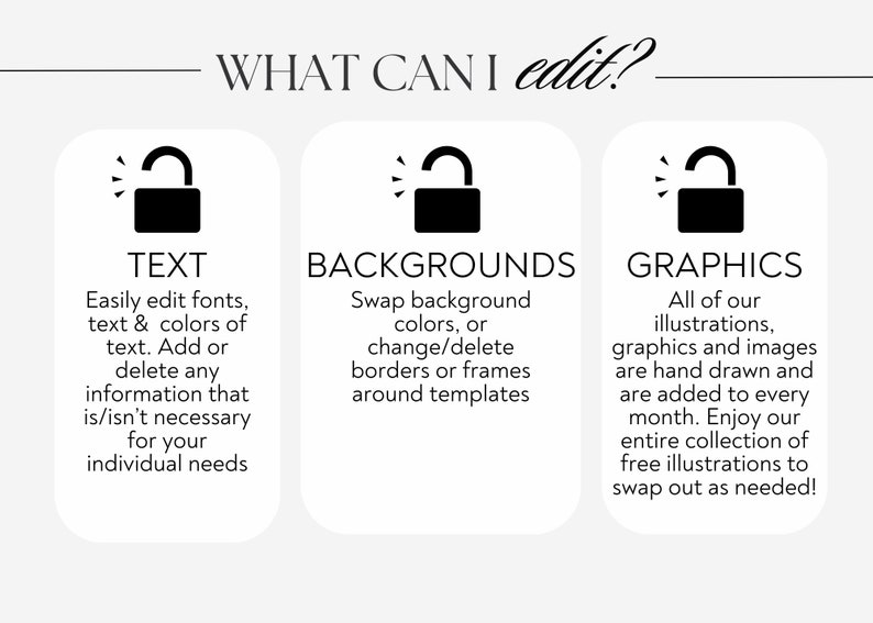 May include: A graphic with three sections, each featuring a black padlock icon and text. The first section reads "TEXT" and explains how to edit fonts, text, and colours. The second section reads "BACKGROUNDS" and explains how to swap background colours or change borders. The third section reads "GRAPHICS" and explains how to swap out illustrations and images.