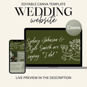 Pode incluir: Um modelo de site de casamento digital em um laptop e smartphone. O texto diz "Sydney Johnson & Kyle Smith are saying 'I do!'" e "Editable Canva Template". O design inclui elementos florais e um logotipo Canva.