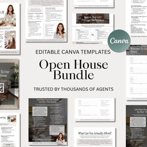 May include: A collection of editable Canva templates for real estate, including open house flyers and financial comparison sheets. The templates feature a clean design with text and images, and are branded with the Canva logo.