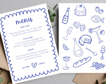May include: A wedding menu with blue ink illustrations of food and drinks. The menu includes a first course, main course, and dessert. The names Samantha and Stephen are at the bottom of the menu.