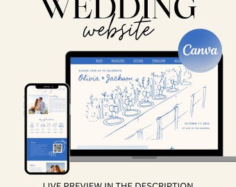 May include: A digital wedding website template displayed on a laptop and smartphone. The website design is blue and white, with the text "WEDDING website" and "EDITABLE CANVA TEMPLATE". The Canva logo is visible. The smartphone shows a wedding photo.