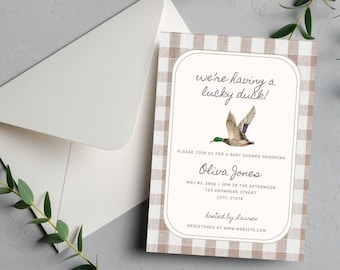 Lucky Duck Baby Shower Invitation: Plaid Mallard Design (Digital Download)