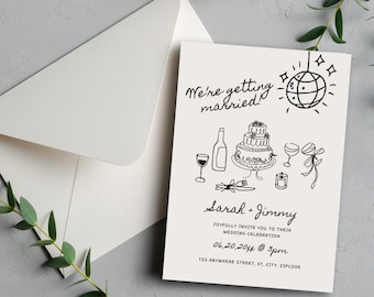Illustrated Wedding Invitation, Scribble Invite, Doodle Invitation, We&#39;re Getting Married, Unique Wedding Invitation, Cute Doodle Invitation