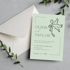 Invito di nozze colomba, invito verde semplice, Save The Date, Save The Date disegnato a mano, Save The Date senza tempo, modello, invito personalizzato