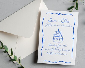 Bruidstaartuitnodiging, aangepaste huwelijksuitnodiging, handgetekende Save the Date, bruidstaart uitnodigen, leuke bruiloft uitnodiging, Save the Date