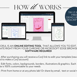 May include: A screenshot showing how to use the Corjl online editing tool to customise a template. The image shows three different computer screens with the Corjl website open. The text on the screen says "Corjl is an online editing tool that allows you to edit a template right from your Chrome or Microsoft Edge browser. No software required."