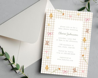 Gingham einladen, Enten-Babyparty-Einladung, handgezeichnete Vorlage, Gelbe Babyparty, Geschlechtsneutrale Duscheinladung, süße Babyparty