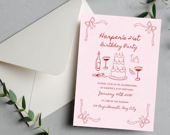 Adult Birthday Invite, Birthday Dinner Invite, 25th Birthday Invite, 21st Bday Invite, 30th Birthday Invite, Doodle Invite, Hand Drawn