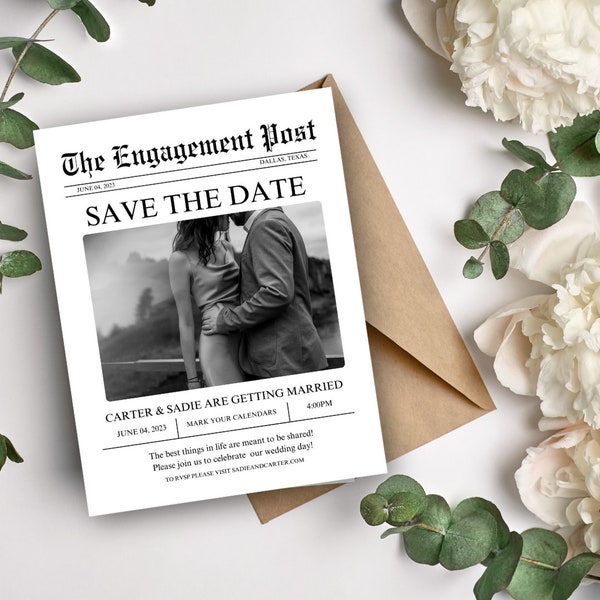 Newspaper Save The Date, Newspaper Wedding Invitation, Wedding Invitation Template, Save the Date Template, Newspaper Print, Newspaper