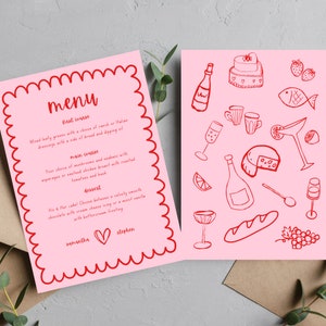 Menu dessiné à la main, menu de mariage, modèle de menu, rose et rouge, modèle sur toile, modèle de mariage audacieux, menu amusant, menu de dîner, menu d'anniversaire