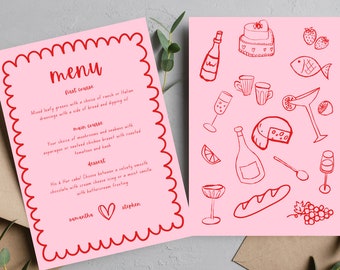 Hand Drawn Menu, Wedding Menu, Menu Template, Pink & Red, Canva Template, Bold Wedding Template, Fun Menu, Dinner Party Menu, Birthday Menu