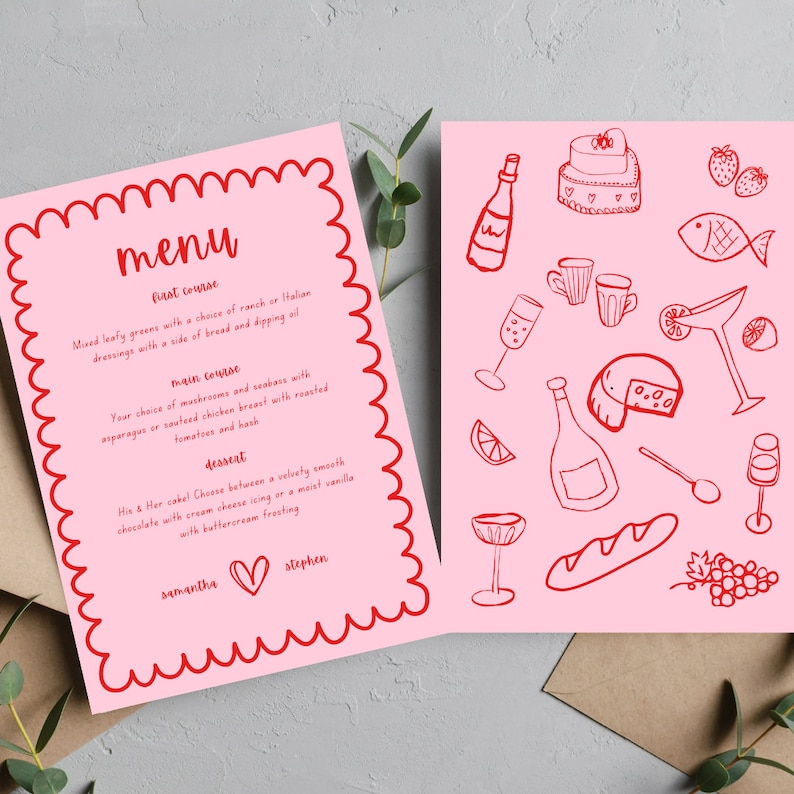 Menu First Course Layout Hand Drawn Menu, Wedding Menu, Menu Template, Pink & Red, Canva ...