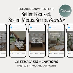 May include: A digital product bundle for real estate agents, featuring editable Canva templates for social media. The image shows five smartphone mockups with different real estate-related text overlays, such as "Stop doing this before selling your home."