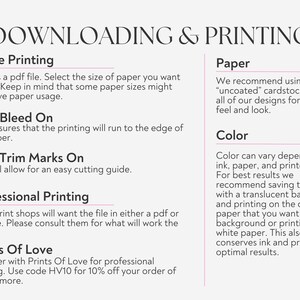 May include: A guide for downloading and printing digital designs. It includes information about paper types, bleed and trim marks, and professional printing options. It also mentions a discount code for Prints Of Love.