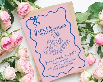 Dinner Party Invitation, Hand Drawn Invitation, Dinner Invite, 30th Birthday Party Invite, Birthday Dinner Invitation, Illustrated Invite