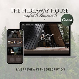 Op de afbeelding: Een laptop en smartphone tonen een website-sjabloon voor "The Hideaway House". Het website-ontwerp heeft een donker kleurenschema met afbeeldingen van een hut. Het Canva-logo is zichtbaar. Tekst bevat "Telluride, Colorado" en "Live preview in the description."