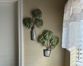 Set of 2 Metal Tropical Monstera Potted Plant Wall Sculptures