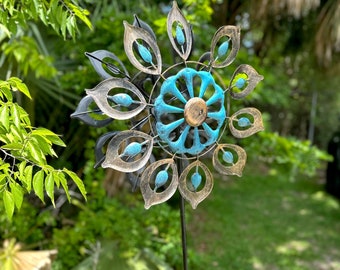 Copper Blue Metal Kinetic Wind Spinner Garden Stake Yard Art