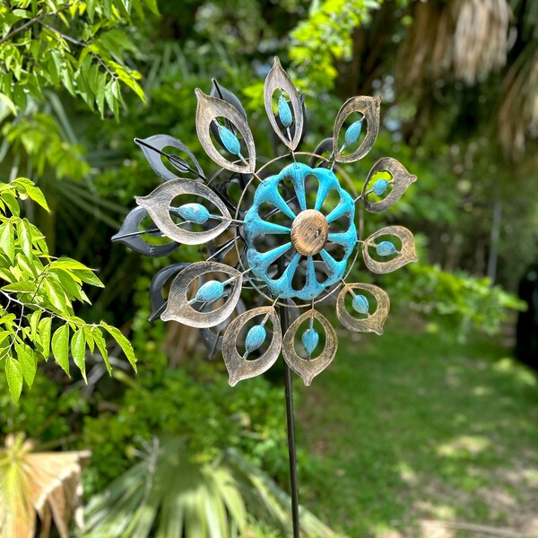 Copper Blue Metal Kinetic Wind Spinner Garden Stake Yard Art