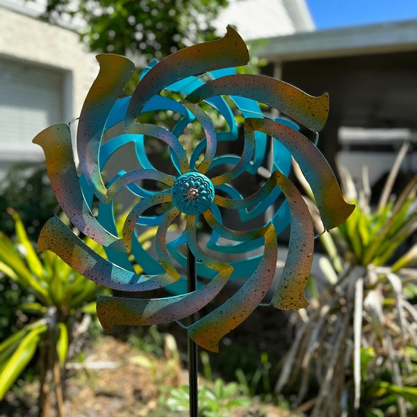 Colorful Teal and Yellow Finish Dual Flower Metal Wind Spinner Garden Stake