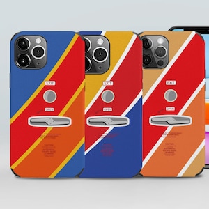 May include: Three iPhone cases with a red, yellow, and blue striped design. The cases feature a stylized image of an airplane emergency exit sign with the words "EXIT", "OPEN", and "CAUTION AUTOMATIC ESCAPE SLIDE IS ARMED".