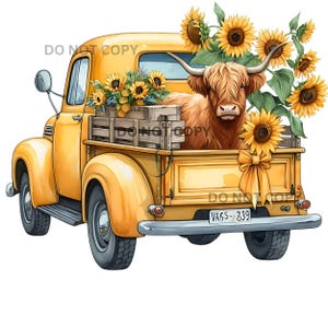 Sunflower Highland Cow Old Truck Sublimation Digital File PNG