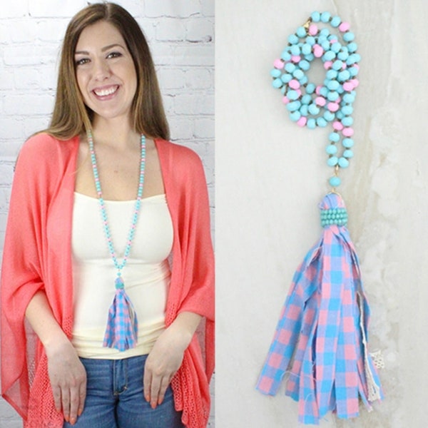 Pink and Blue Fabric Tassel Necklace