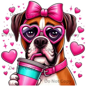 Fancy Boxer Dog Coquette Bow Ribbon Hearts PNG Sublimation Digital Download ONLY