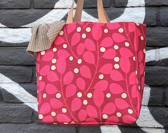 Patterned Market Tote Bag, Handmade Canvas Market Tote, Raspberry Tote Bag, Branch Berries Pattern Bag | Charlie Market Tote Bag 20-L