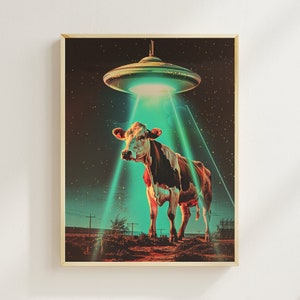 Retro UFO Digital Art UFO Abduction Art Funny Cow Print Alien Art Print 50s Style Print Ufo Art Vintage Ufo Alien Wall Poster Space Art NASA