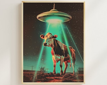 Arte digital OVNI retro Arte de abducción OVNI Impresión divertida de arte extraterrestre Impresión estilo años 50 Arte OVNI Póster de pared OVNI vintage Arte espacial NASA