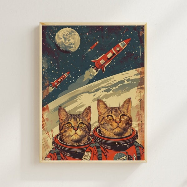 Retro Space Cats Print Astronaut Cat Poster Soviet Space Print Funny Animal Art Nasa Cosmic Art Retro Futuristic Art Surrealism Art Print