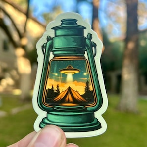 Camping UFO Sticker Nature Sticker Alien Sticker Outdoors Sticker Camping Lantern Gift for Him Cooler Sticker
