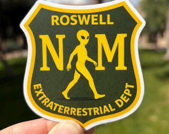 Roswell NM Forest Service Badge New Mexico Extraterrestrial Department UFO Alien Scifi Sticker Area 51 Conspiracy Theory Gen Z Sticker