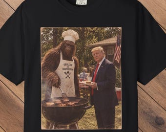 Bigfoot Trump BBQ Shirt, Funny Sasquatch Grilling Photo Tee, Vintage Bigfoot Gift for Dad, Trump Lover Gift, Paranormal Tee