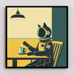Astronauta gato arte negro gato café retro divertido gato pintura protagonizada gato gato cocina pared decoración café regalo gato famoso pintura espacio decoración