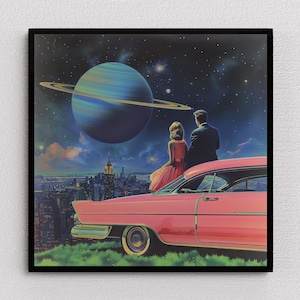 Poster d&#39;arte collage fantascientifico vintage, arte futuristica retrò, poster d&#39;arte surrealista con skyline di New York, romanticismo spaziale degli anni &#39;50, poster dell&#39;era atomica, poster spaziale UFO