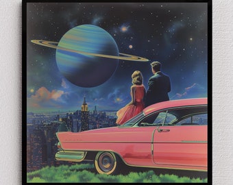 Vintage Scifi Collage Art Poster Retro Futuristic Art 1950s Space Romance NYC Skyline Surreal Art Poster Atomic Age Art Space Poster UFO
