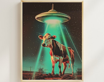 Póster retro de ovni, arte de abducción de ovnis, divertida impresión de vaca, impresión de arte extraterrestre, impresión estilo años 50, regalo de arte ovni, póster de pared vintage de ovni extraterrestre, arte espacial, vacas